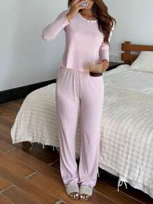 2pcs Women Crew Neck Long Sleeve Top + Elastic Waist Pants Pajama Set, Cute Loungewear - Pink - View 4