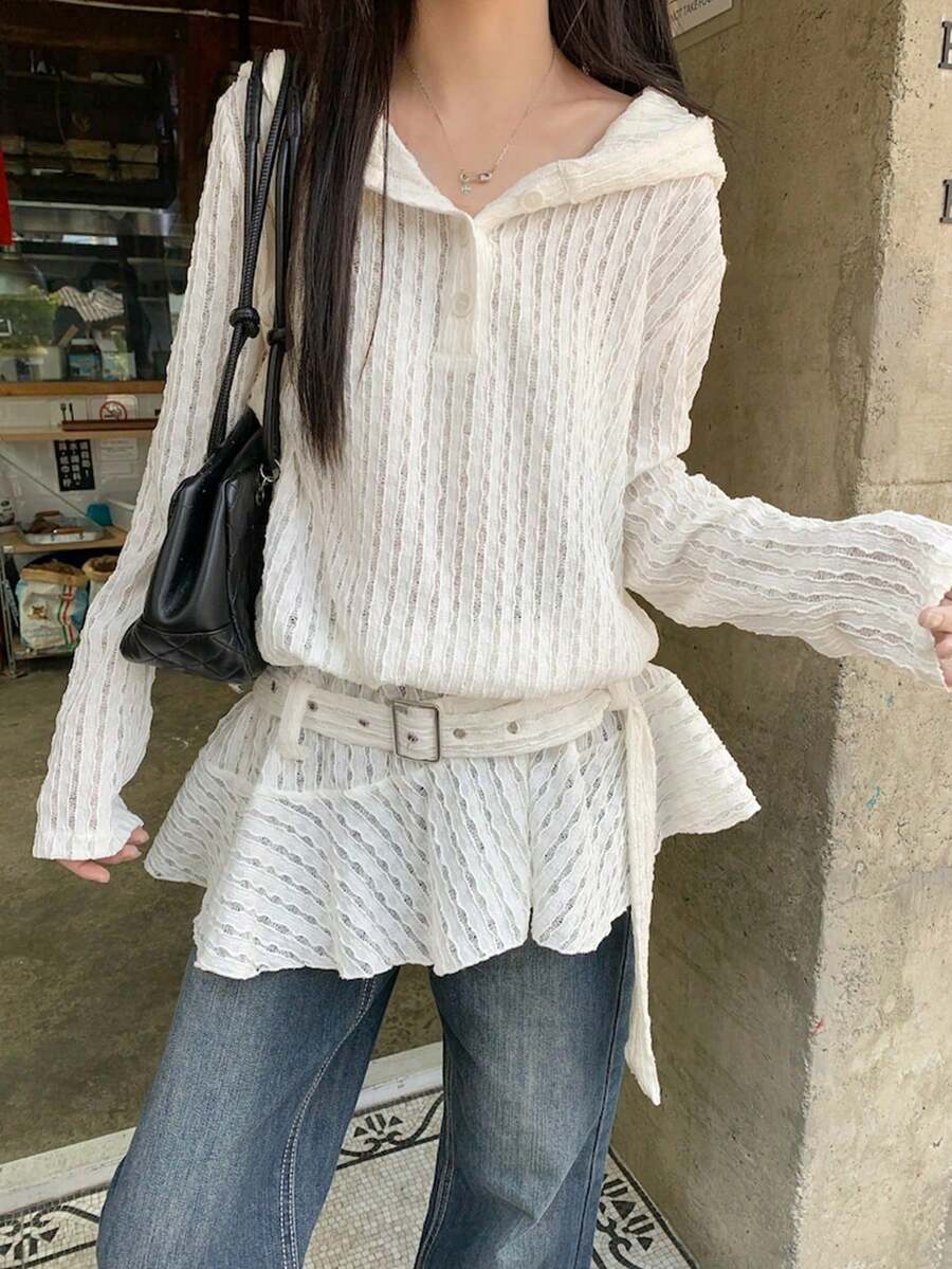 Sweet & Edgy Long Sleeve Hooded T-Shirt For Women, Unique Niche Loose Hollow Out Pullover - White - View 1