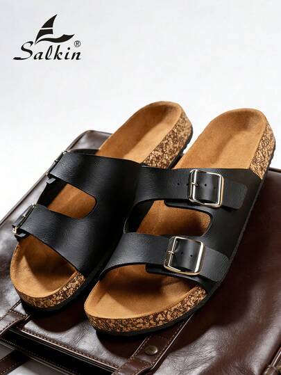 Salkin Classic Men's Slippers With Dual Buckles, Soft Cork Soles, Fashion Matte Black Slides, Convenient Slip-On, Soft & Comfortable Breathable Uppers, Hollow Design, Non-Slip Durable Soles, Quick-Drying Odor-Resistant, Lightweight Outdoor Beach Sandals, Large Size