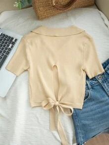 Áo dệt kim tay ngắn hở vai thiết kế xoắn, kiểu dáng tối giản, eo thắt, ôm sát, dáng lửng, thích hợp cho mùa hè. - Màu be - Xem 7