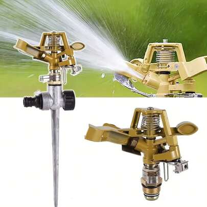 1pc Aluminum Alloy Ground Spike + Zinc Alloy Rotating Sprinkler Head, 360° Auto Rotation Large Coverage Garden Irrigation, For Lawn & Yard