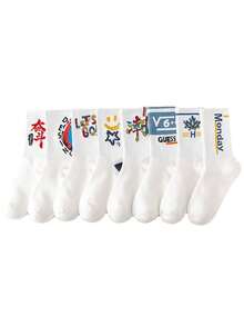 1/5/8 Pairs Retro American Style Sports Mid-Calf Socks, National Embroidered Text Design, Multiple Packs Available, Unisex Student Casual Socks - Multicolor - View 6