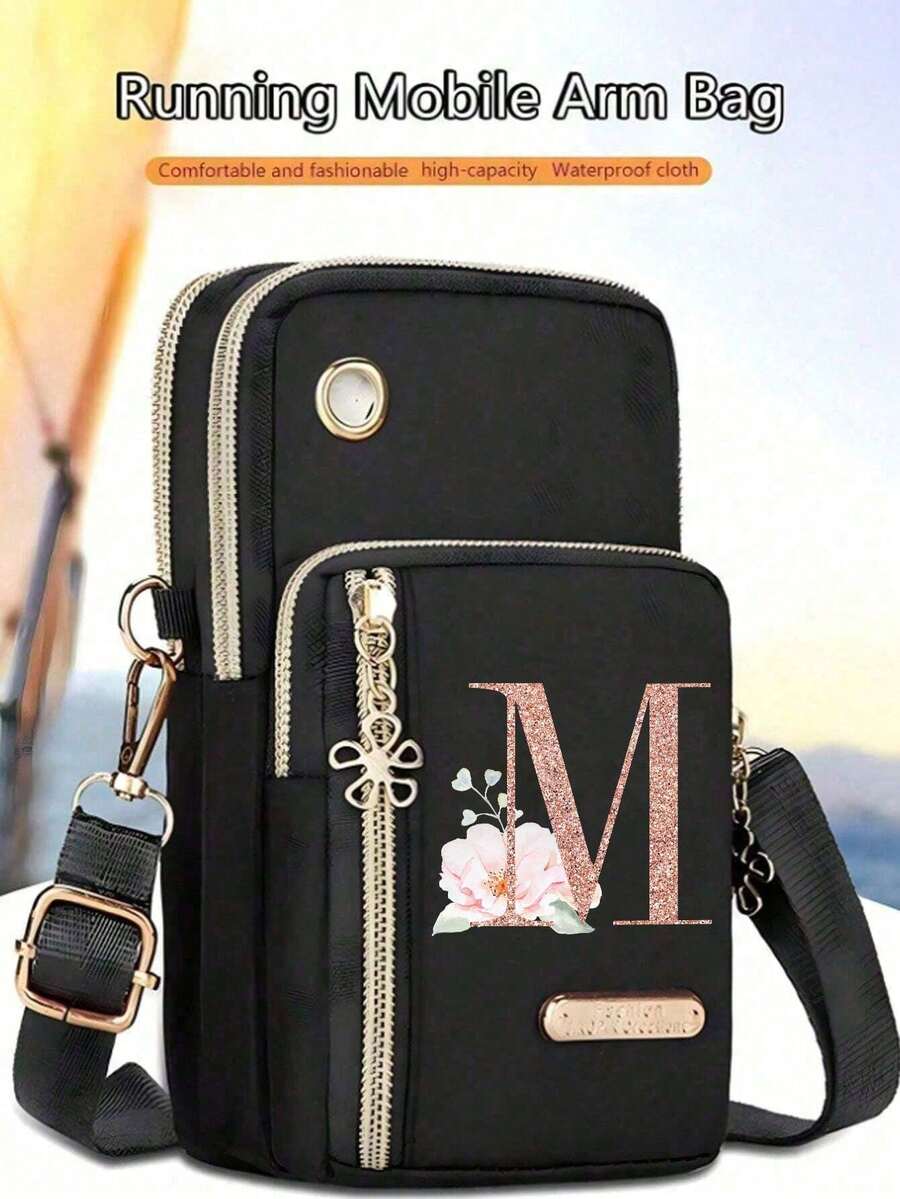 Women's Phone Bag, Rose Gold Letter Print Mini Crossbody Bag, Vertical Coin Purse, Sports Armband And Running Wrist Bag, Mini Casual Crossbody Phone Bag With Earphone Hole, Fashionable White-Collar Work Commute Business Office Gift, Suitable For Anniversary, Valentine's Day, Christmas, Thanksgiving, Birthday And Other Occasions - Multicolor - View 1