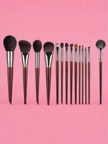 14pcs Professional Makeup Brush Set: Powder Brush, Contour Brush, Blush Brush, Face Mask Brush, Fan Highlighter Brush, Concealer Brush, Highlighter Brush, Large Eyeshadow Blending Brush, Fine Blending Brush, Angled Eyeshadow Brush, Small Detail Brush, Large Eyeshadow Brush, Lip Brush. Premium Skin Care Tools, Soft Bristles, Fluffy Pickup, Easy Application, Quality Wooden Handles For Precise Facial Makeup - Brown - View 3