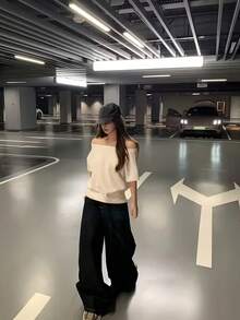 女士露肩短袖T恤，常规长度，涤纶高弹面料，夏季白色上衣，适合办公室日常休闲穿着 - 白色 - 查看 3