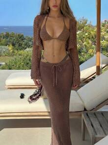 Falda de punto transparente casual de mujer con detalle de cordón y tela elástica - Café integral - Ver 5