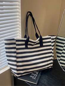 Large Capacity Black & White Striped Beach Tote Bag, Foldable Canvas Shoulder Bag, Waterproof & Sand-Proof Travel Bag, Suitable For Summer Essentials, Perfect For Beach Travel, Swimming, Shopping And Daily Use, Suitable For Women, Travelers And Beach Lovers, Great For Spring Break, Easter, Mother's Day, Vacation And Gifts, Durable Woven Material, Can Be Used As Beach Bag, Shopping Bag And Travel Companion - Multicolor - View 4