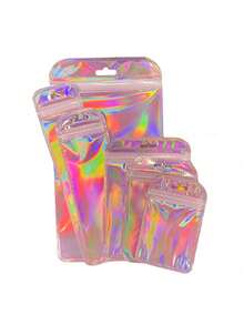 50 piezas Bolsas de empaque arcoíris, bolsas semitraslúcidas con cierre automático, bolsas con cremallera láser de colores, adecuadas para empaque de joyas con brillo, aretes - Multicolor - Ver 5