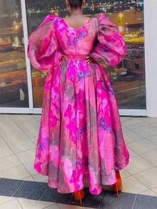 Boho Party Plus Size African Long Dress Long Puff Sleeve Jacquard Pleated Chiffon A Line Smock Fit And Flare Scoop Neck Casual Cute Style For Women - 玫紅色 - 查看 4