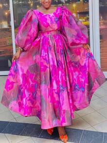 Boho Party Plus Size African Long Dress Long Puff Sleeve Jacquard Pleated Chiffon A Line Smock Fit And Flare Scoop Neck Casual Cute Style For Women - 玫紅色 - 查看 8