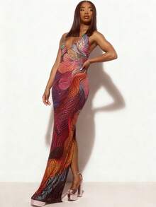 Color Sequins Neck Deep V Long Dress Women, Slim Split Dress Dress, Dinner Party Gradual Change Print Dress - 玫紅色 - 查看 2