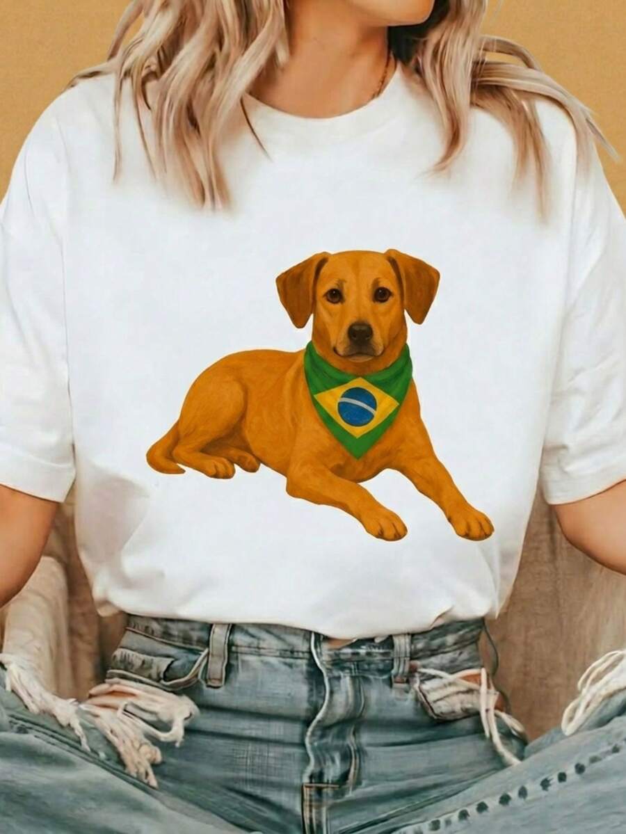 Women's Caramel Dog Shirt With Brazil Scarf - World Cup Launch, Brazil Collection, Brazil Core, Cheapest - 白色 - 查看 1