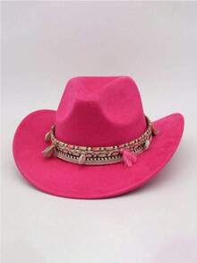 1 pieza Sombrero de vaquero occidental para mujer, sombrero de fieltro suave de unicolor, adecuado para vacaciones, fiestas, salidas y otras ocasiones, verano, playa - Sombrero de cuerda de colores con borlas - Ver 8