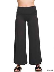 Womens Casual Palazzo Pants Elegant Flowing Wide Leg Fashion High Waisted Flare Bottom Trousers Stretchy Comfortable Fold Over Waistband Black All Season Dance Yoga Lounge Evening Wear - 黑色 - 查看 1