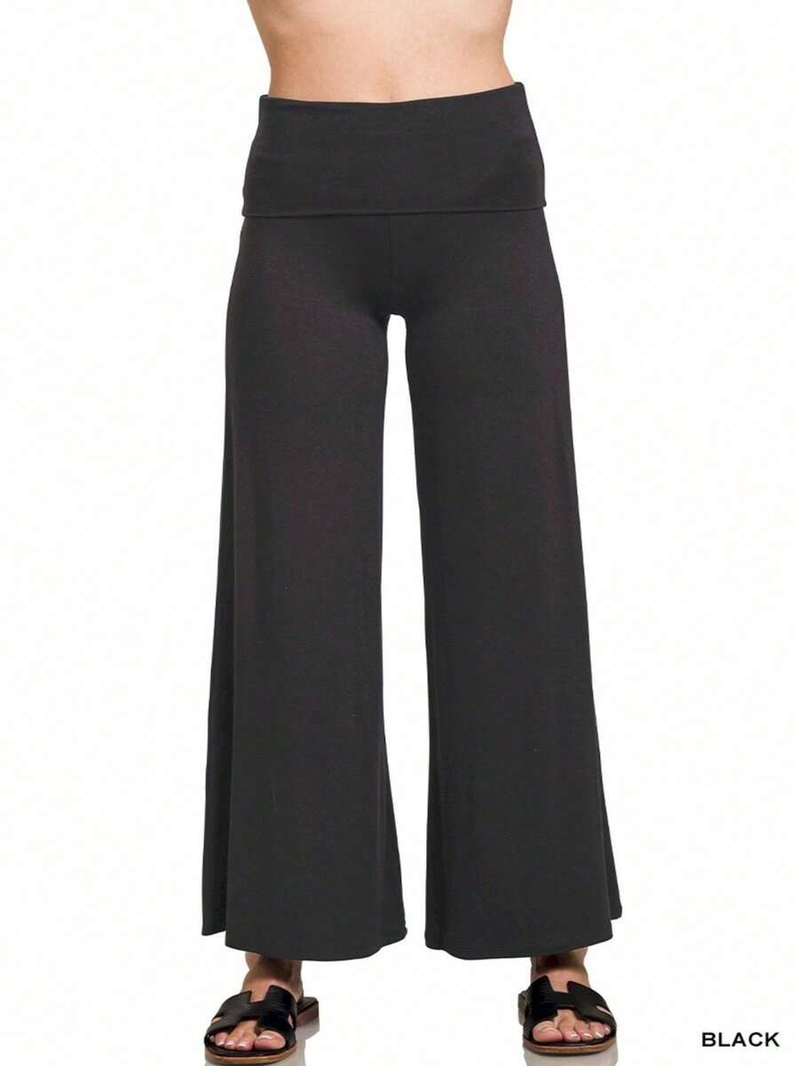 Womens Casual Palazzo Pants Elegant Flowing Wide Leg Fashion High Waisted Flare Bottom Trousers Stretchy Comfortable Fold Over Waistband Black All Season Dance Yoga Lounge Evening Wear - 黑色 - 查看 1