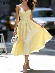 Women's Summer Sweetheart Neckline Floral Jacquard Midi Dress, Romantic Light Yellow Spaghetti Strap Vintage Dress, Ruched Bust Design, Suitable For Summer Vacation - Yellow - View 3