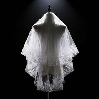 亮片新娘头纱，带梳新娘头纱，蕾丝边婚纱头纱，闪亮新娘头饰，薄纱蕾丝头纱，曼蒂拉蕾丝新娘头纱