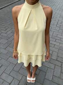 Buzzelle Camisa sin mangas de mujer de color amarillo claro con cuello mao y botones de seta, versátil, elegante, de moda, casual, adecuada para uso diario y vacaciones, primavera/verano - Amarillo claro - Ver 2