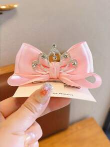 1pc Girls' Sweet Fresh Elegant Princess Style Solid Color Bowknot & Golden Crown Hairclip, Spring/Summer - Bow Crown Hairpin - View 3