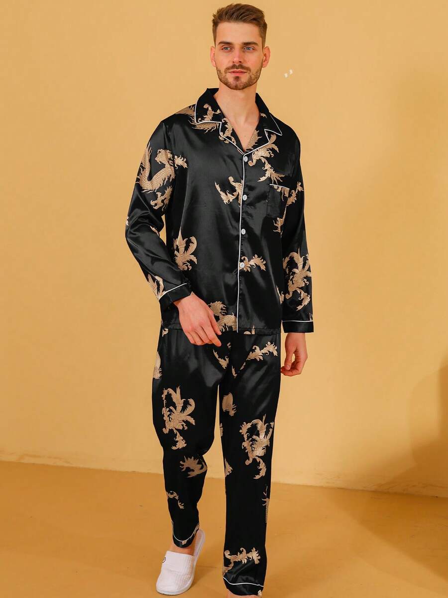 男士睡衣套装（两件套），长袖衬衫和长裤，春夏秋冬睡衣 - 黑色 - 查看 1