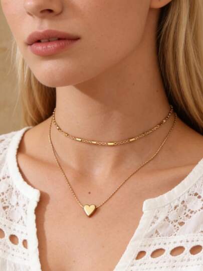 1 pieza Collar con colgante de corazón en capas de oro/plata para mujer, gargantilla minimalista y delicada con pequeño colgante de corazón, joyería de doble hebra delicada como regalo para ella