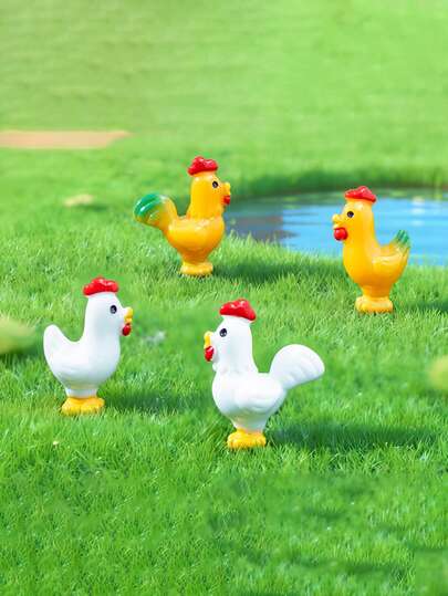 4pcs/1pc ABS Resin Mini Chicken Figurine, Cute Animal Statue, Suitable For Study, Desk, Display Cabinet, Dollhouse DIY Decor, Garden/Pond Decor, Home Decor, Small Sculpture Model, Gift (Random Color)