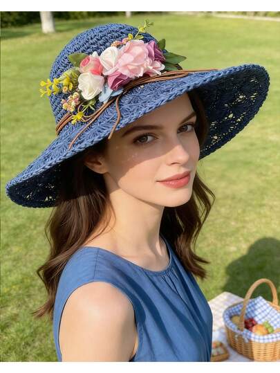 Handmade Floral Woven Straw Hat, Refreshing Artistic For Summer Outing, Beach, Versatile Foldable, Suitable For Carnival, Christmas, Birthday, Wedding Party Gift