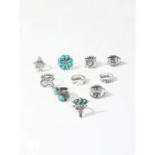 10pcs Set Vintage Silver-Color Western Style Turquoise Flower Cross Arrow Heart Knuckle Rings For Cowgirl Valentines,Mom,Mother,Mother's Day,Gift - Multicolor - View 6