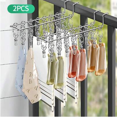 2 pièces Séchoir à chaussettes, Séchoir à vêtements suspendu avec 16 pinces, en acier inoxydable résistant au vent, convient pour les chaussettes, sous-vêtements, vêtements, serviettes