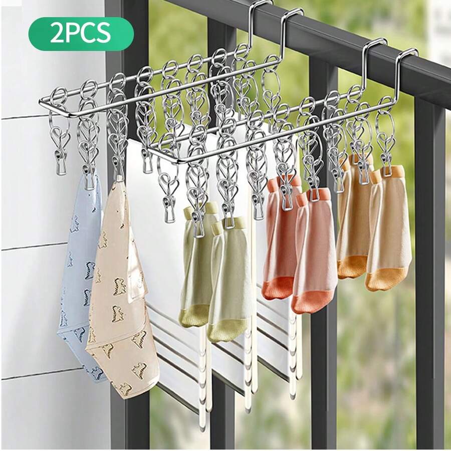 Bộ 2 giá phơi tất, giá phơi quần áo có 16 kẹp, bằng thép không gỉ, chống gió, thích hợp để phơi tất, đồ lót, quần áo, khăn tắm. - Xem 1