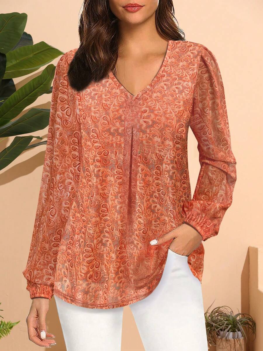 CheersLife Women's Long Sleeve Loose Floral Print Versatile Top, Mesh Ruffle Patchwork Blouse Vacation Summer - Coral Orange - View 1
