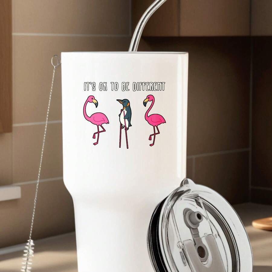30oz Stainless Steel Tumbler Black White Options,  It's Ok To Be Different Flamingo Design Graphic Cups, Insulated Travel Coffee Mug With Lid And Straw , Double Wall Vacuum Reusable Travel Cups, Funny Birthday Party Gift For Women & Men - 白色 - 查看 1