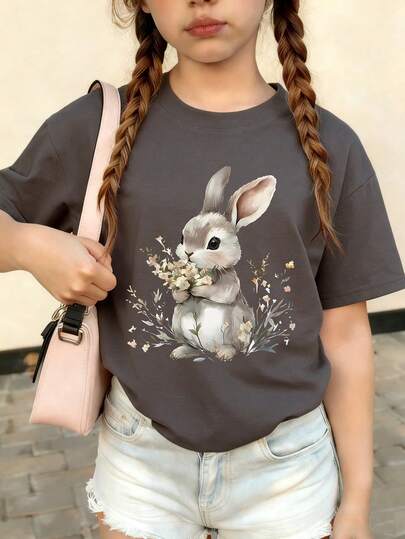 Tween Girl Cartoon Rabbit & Floral Print T-Shirt, Suitable For Easter Holiday, Casual, Streetwear, Fashionable Girls Summer Top. Ideal Easter Gift For Kids, Perfect For HAPPY EASTER Celebration!