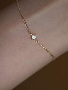 1pc 925 Sterling Silver Single Diamond Necklace Or Bracelet, Plated With 14k Gold Fine Chain, Single Diamond Bracelet, Minimalist Women's Daily Accessory - Gold - View 11