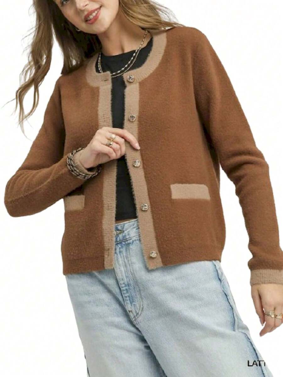 Womens Casual Classic Elegant Contrast Trim Button Front Sweater Round Neck Long Sleeve Patch Pockets Cropped Length Fall Winter Daily Wear Brown Tan Professional Office Outerwear - LATTE - 查看 1