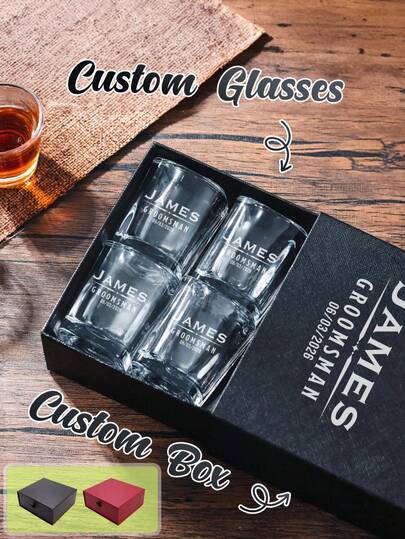 1 Set 4pcs 2oz/60ml Personalized Shot Glass Set With Gift Box,Permanent Laser Engraving - Fade-Proof Whiskey Glass,Customizable Name,Square Cup Mouth,Shot Glass Suitable For Grooms Men Gifts,Wedding Personalised Gifts, Bridesmaids Gifts,Shot Glaases,18th Birthday Gifts,21st Birthday Gifts,30th Birthday Gifts,Personalised Gifts And For Dad,Champagne Flutes,Bar Set,Shot Glasses,Dad Gifts,Kitchen Accessories,Water Bottle,Teacher Gifts,Camping,Home