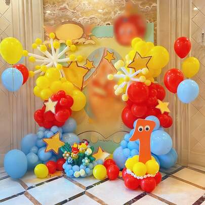 107pcs Star People Series Balloon Arch Set, Includes Matte Yellow, Blue, Red Latex Balloons, Magic Balloons, Suitable For Birthday Party, Baby Shower, Starry Theme Event, Theme Party Decor, Holiday Celebration, Cartoon Theme Party