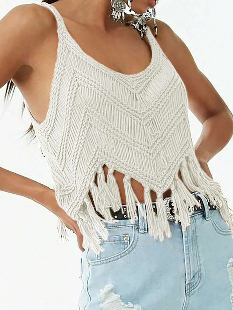 Women's Solid Color Casual Fringe Knit Sweater Summer