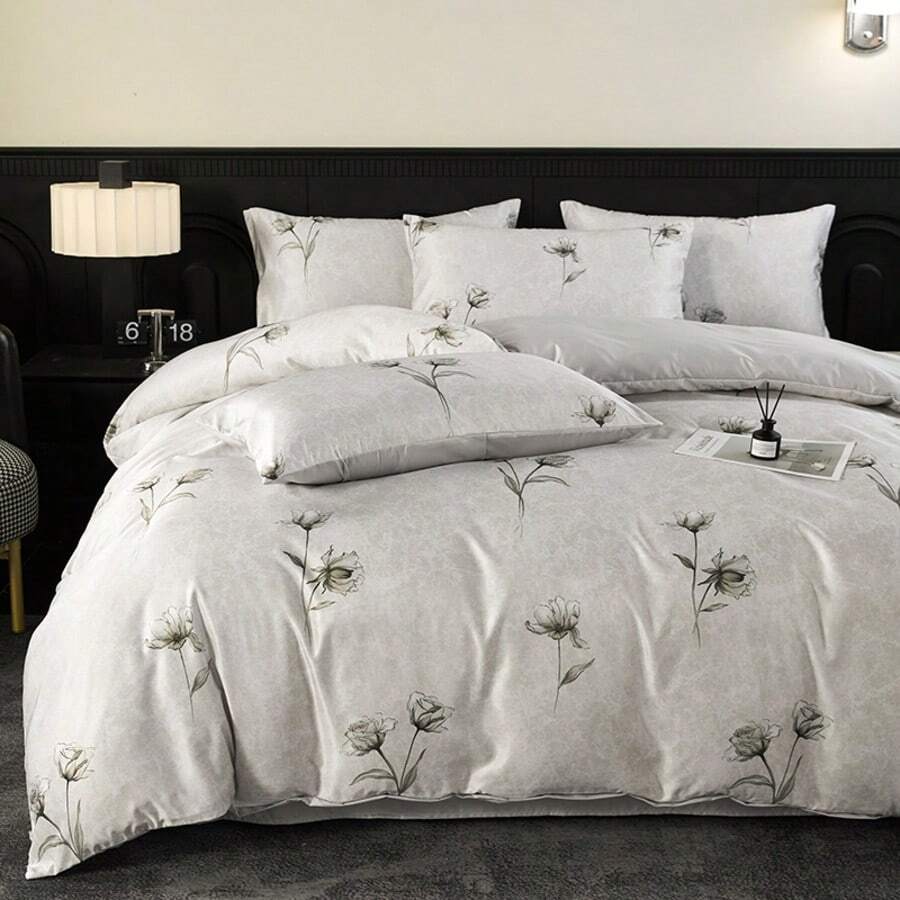 4pcs Soft Washed Silky Bedding Set, AB Version Spring/Summer Minimalist Bed Sheet Set (1pc Duvet Cover, 1pc Bed Sheet, 2pcs Pillowcases), Silky Smooth Sleep, Lightweight For All Seasons, Suitable For Single Bed, Double Bed, Hotel, Dorm, Whole Family, With Zipper, Removable, Machine Washable, Room Decor