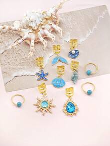 10pcs Summer Beach Conch & Starfish Hair Rings - Nautical Alloy Hair Cuffs, Ocean Wave Boho Hair Jewelry For Dreadlocks & Braids - Gold - View 2