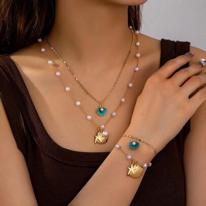 一套女士个性化海洋系列贝壳和海星项链手链套装，百搭配饰