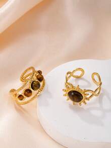 2件套不锈钢虎眼石太阳戒指套装，时尚优雅，适合女性日常、节日、约会、订婚、婚礼、外出、派对等场合佩戴。 - 金色 - 查看 1