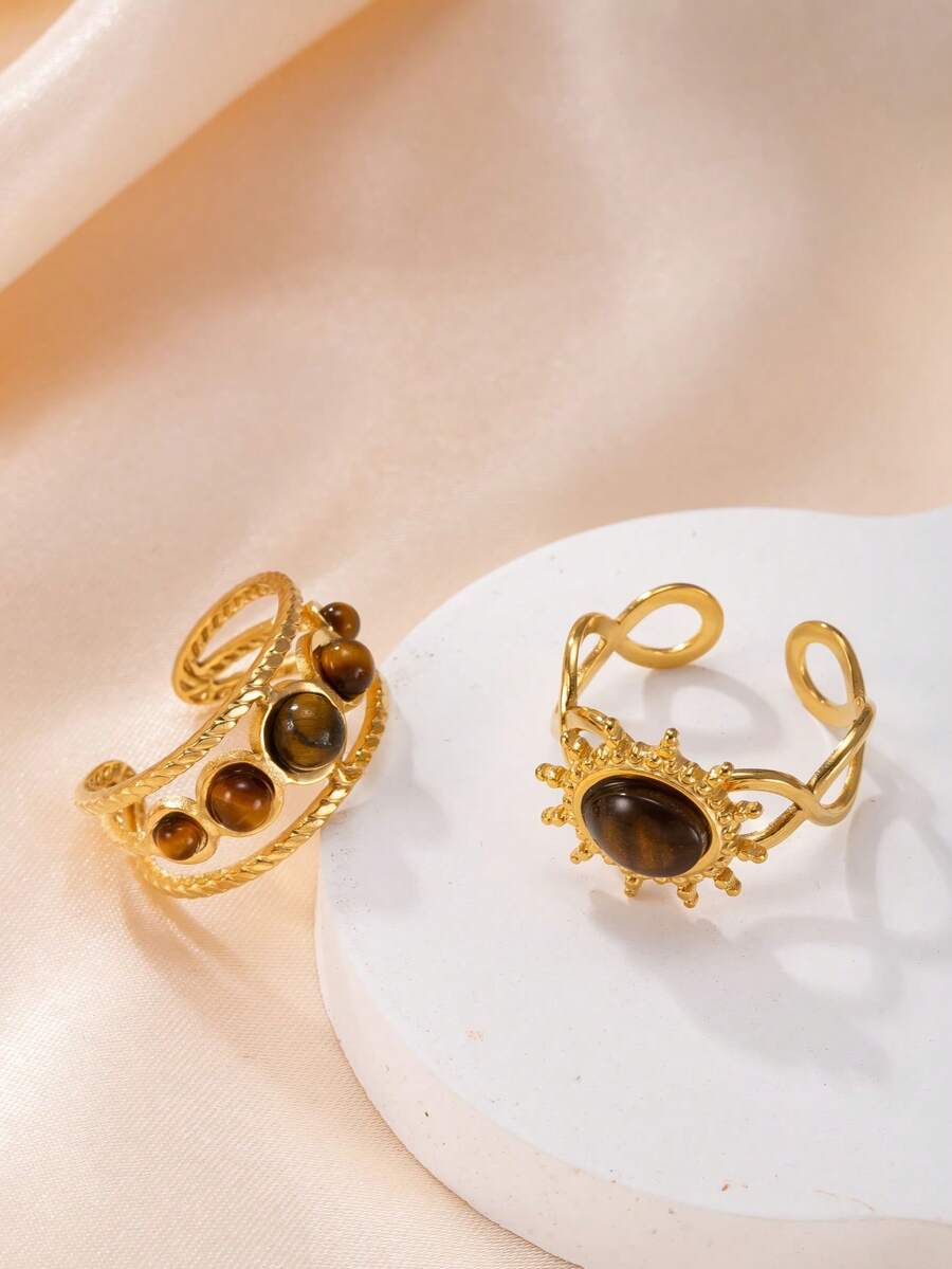 2件套不锈钢虎眼石太阳戒指套装，时尚优雅，适合女性日常、节日、约会、订婚、婚礼、外出、派对等场合佩戴。 - 金色 - 查看 1