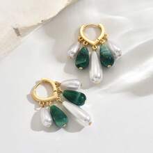 Asymmetrical Acrylic Hoop Earrings, Bohemian Style Green & White Contrast Pearl Pendant Teardrop Earrings - Green - View 6