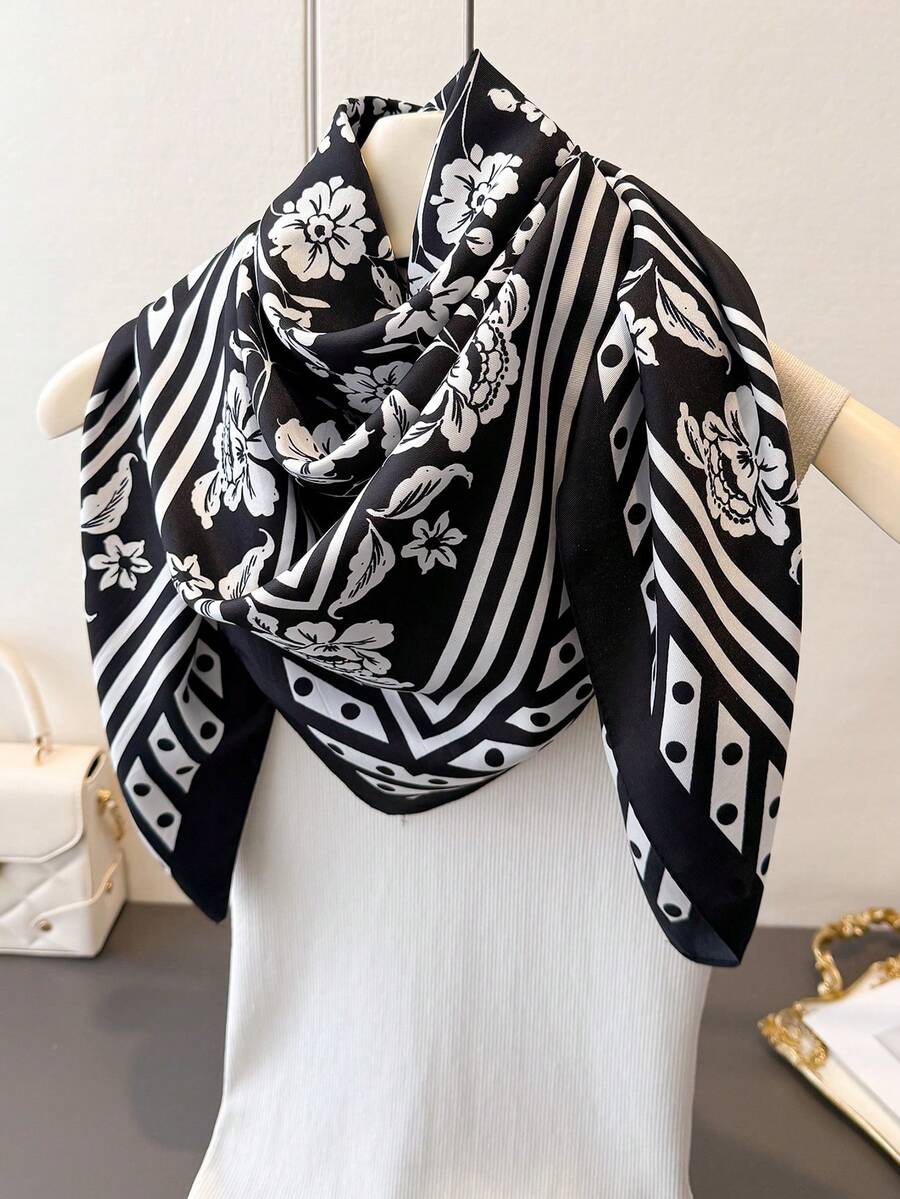 1 chiếc khăn lụa giả cao cấp, thanh lịch, họa tiết hoa dành cho nữ, thích hợp cho mùa xuân/hè, khăn vuông đa năng, khăn choàng, khăn trùm đầu, chống nắng. - FN279-1 Màu đen - Xem 1