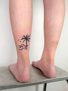 1 pieza Tatuaje temporal de estilo de vacaciones de 7 a 14 días con patrón de palma de coco y ola de océano, adecuado para muñeca, brazo, pierna, cintura, tatuajes de festival, recuerdos de fiesta, resistente al agua - Azul - Ver 3