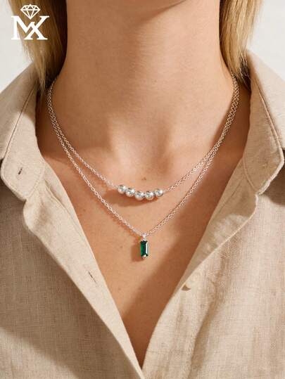 SYMFNY 1条925纯银双层项链，简约祖母绿锆石银珠颈链，通勤、派对、约会的优雅礼物