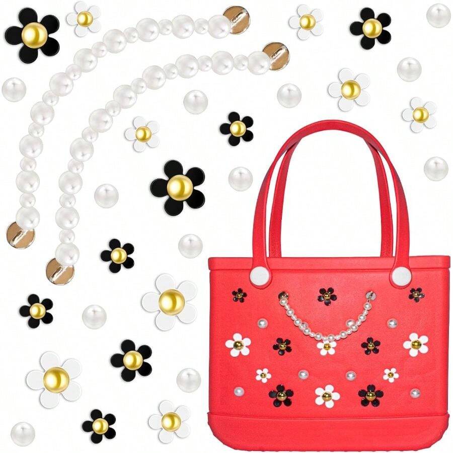 Charms Daisy Flower Charms Decoration Bogg Bags, Compatible With Simply Rubber Beach Tote Bag Accessories Charm, Lovely Pearl Bag Insert Birthday Favors (30 Pcs) - Default - View 1
