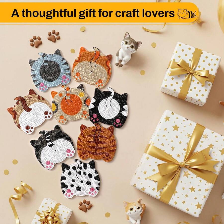 Set de 8/16/100 piezas de almohadillas aislantes con forma de gato, incluye soporte, almohadilla de estilo de pintura de diamantes, juego de manualidades de puntillismo antideslizante, regalo interesante para amantes de los gatos - Posavasos de diamantes de gato - Ver 1