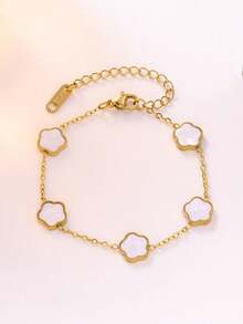 1pc Stainless Steel Fashionable Bestselling Lucky Clover Flower Mother Of Pearl Necklace, Versatile Elegant Luxury Plum Blossom Choker For Women - Five-petal Flower Bracelet - View 6